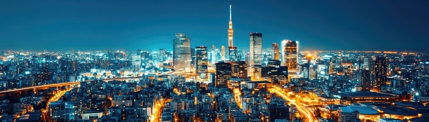 Fototapeta premium A stunning panoramic view of a vibrant city skyline at night, illuminated by bright lights and a majestic tower.