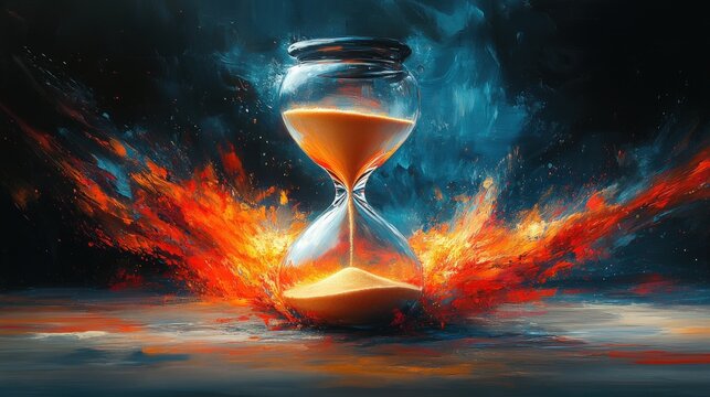 An hourglass of sand is engulfed in bright flames and swirling colors, creating a lively scene
