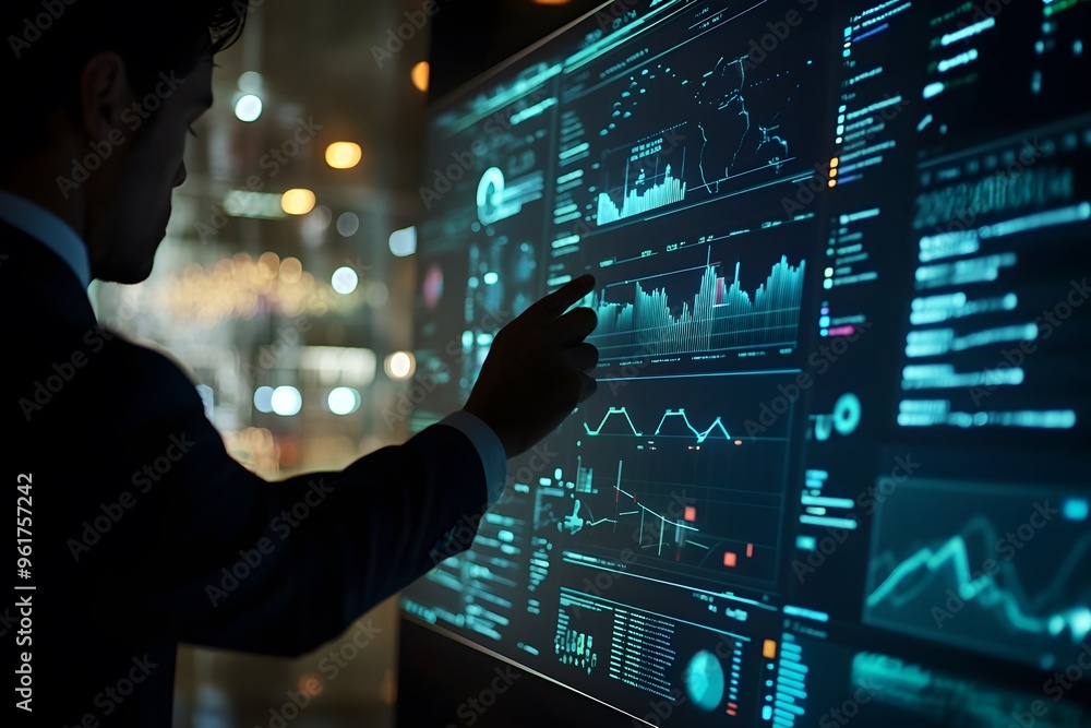 Poster businessman analyzing data on large interactive screen