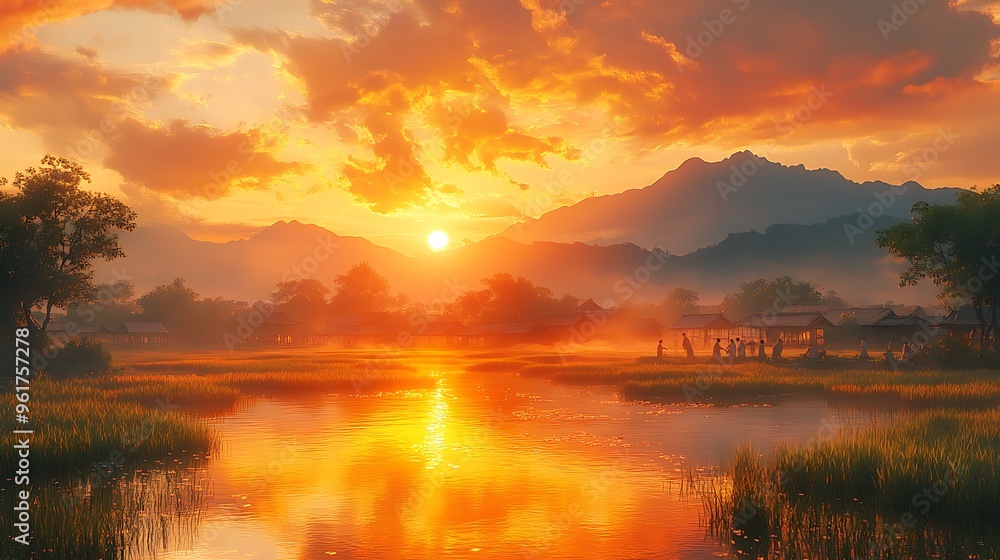 Poster Picturesque Sunset Over a Tranquil Village with Mountains in the Background.