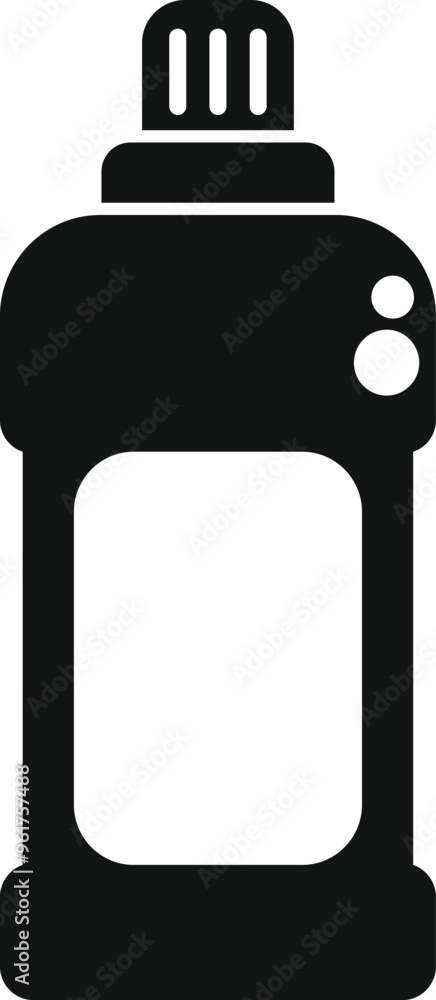 Poster black bottle detergent with measuring cup icon in simple style isolated on white background