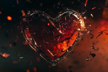 Shattered red heart sculpture with sparkling fragments in a dark, atmospheric environment