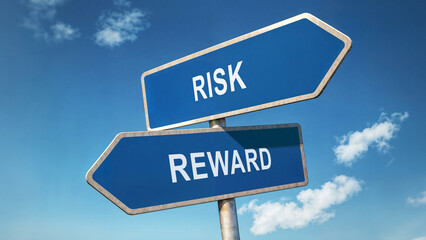 Fototapeta premium Two directional road signs with risk and reward options, symbolic crossroads under a blue sky, decision-making concept, choosing between taking chances and playing safe represented by signpost choice