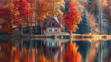 A cozy cabin is nestled in a vibrant autumn forest, with colorful trees reflecting on the calm lake nearby. The tranquil and inviting setting offers a perfect retreat, making it ideal for nature and