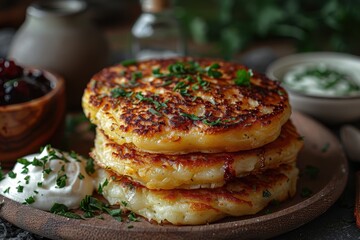 Russia: Syrniki Golden-brown cheese pancakes served with sour cream and a side of berry jam. 