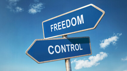 Two directional road signs with freedom and control options, symbolic crossroads under clear blue sky, decision-making concept, choosing between autonomy and regulation represented by signpost choice