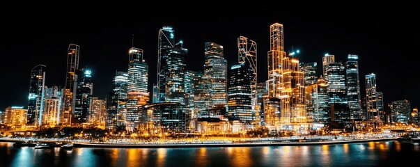 Fototapeta premium Stunning panoramic view of a modern city skyline illuminated at night, showcasing vibrant lights and tall buildings by the water.