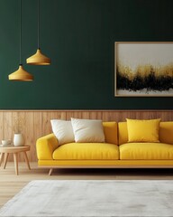 Modern Living Room Interior Design with Yellow Sofa, Green Wall and Wooden Accents
