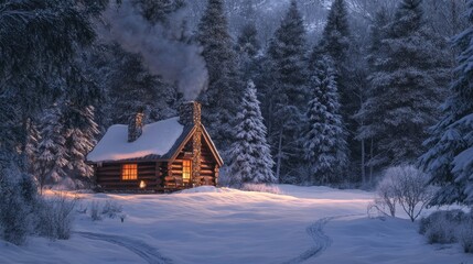 Naklejka premium Winter cabin in a snowy forest, with smoke rising from the chimney, evoking warmth and coziness.