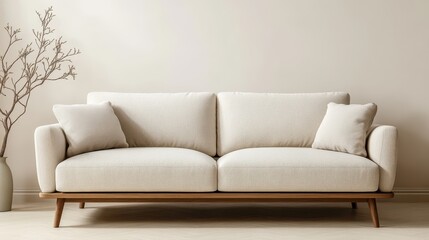 Modern White Sofa with Wooden Legs in Minimalist Living Room Decor