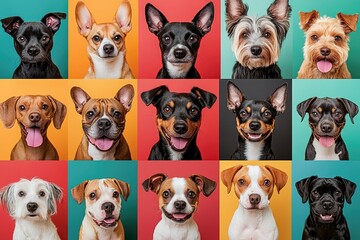 Sixteen happy dogs posing on colorful backgrounds