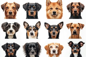 Twelve different dogs posing on white background