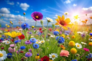 Vibrant wildflower meadow beneath clear blue sky with bright sun rays creating peaceful summer ambiance