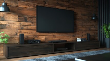 Fototapeta premium Modern Home Theater Setup with Flat Screen TV and Wooden Wall