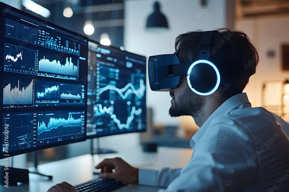 Poster man wearing vr headset and headphones analyzing data on multiple monitors