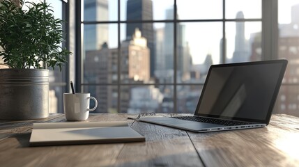 Plakat Modern office desk overlooking new york city skyline with laptop showing blank screen