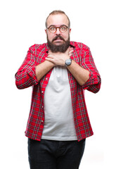 Young caucasian hipster man wearing glasses over isolated background shouting and suffocate because painful strangle. Health problem. Asphyxiate and suicide concept.