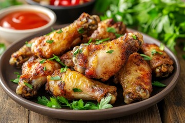 A plate of delicious grilled chicken wings with sauce and fresh herbs on a wooden background, close-up view.