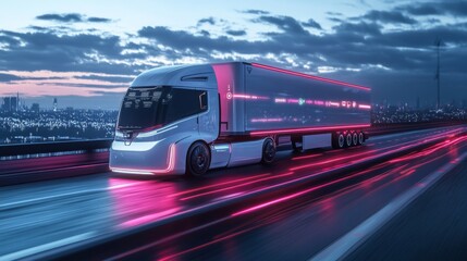 Futuristic electric truck on highway at dawn