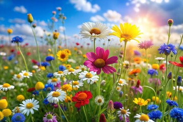 Fototapeta premium Vibrant flower field during morning sunshine captured in full bloom with blue sky