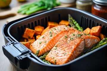 Smoked salmon fillet with sweet potato and asparagus in an air fryer basket, on a kitchen table.