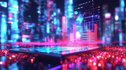 Obraz premium A futuristic cityscape is depicted with neon-lit skyscrapers and digital data holograms rising from a smartphone. The vibrant colors and glowing lights create a modern, high-tech atmosphere