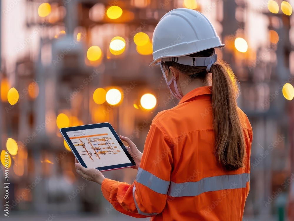 Poster female engineer in hard hat using a tablet to monitor oil system in a refinery, engineer using table