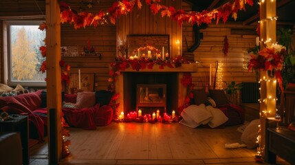 Warm and inviting living room adorned with autumn leaves and glowing candles around a fireplace, creating a cozy and intimate atmosphere perfect for relaxation or seasonal festivities.