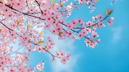 A vibrant image capturing tree branches covered in spring blossoms, with a bright blue sky as the background.
