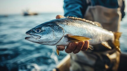Obraz premium Fisherman holding freshly caught fish on boat at sea