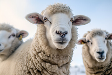 Fototapeta premium Close-up of a sheeps against the sky. Concept of livestock on a farm