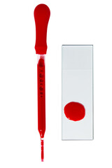 Pipette with blood and drop of blood on laboratory glass for research and analysis on isolated empty background