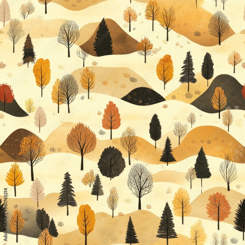 Poster seamless autumn forest pattern with hills and yellow foliage