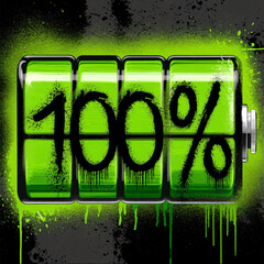 Graffiti-style battery icon at 100% charge with neon green and black splatters, featuring bold, dripping paint effects on a grunge background. Perfect for urban, energy, and street art-inspired techno