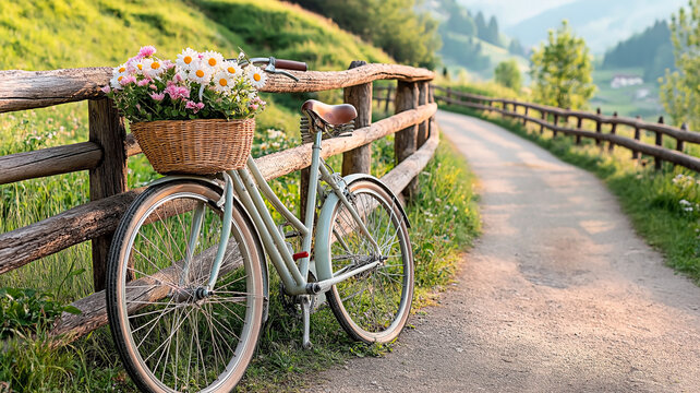 Idyllic countryside landscape with a vintage bicycle with flower basket on rural road. - Powered by Adobe