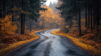 Fototapeta premium Winding asphalt road leading through autumn forest