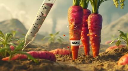 A surreal depiction of GMO carrots growing in the soil, with one being injected by a large syringe. The image highlights the controversial topic of genetically modified organisms in agriculture, set