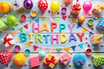 Colorful happy birthday celebration with balloons gifts and decorations on wooden background
