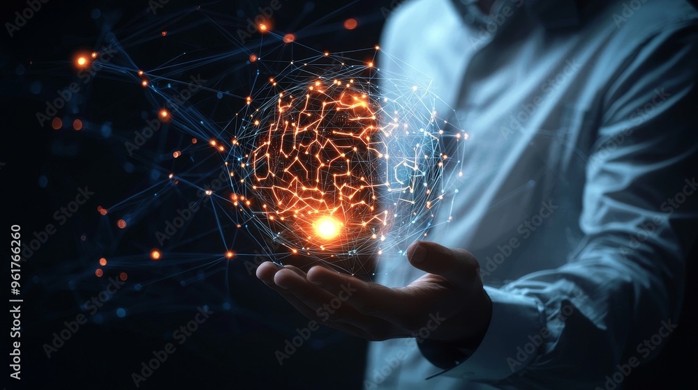 Fototapete stock ai circuit board with electronic pcb circuit icon symbol on businessman hand finger touching i