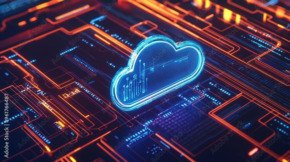 Poster Web futuristic hologram with cloud icon, golden digits and code background, cloud computing. Abstract motion of digital data flow.