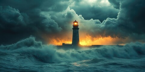Fototapeta premium Lighthouse standing strong against ocean storm and dramatic sky at sunset