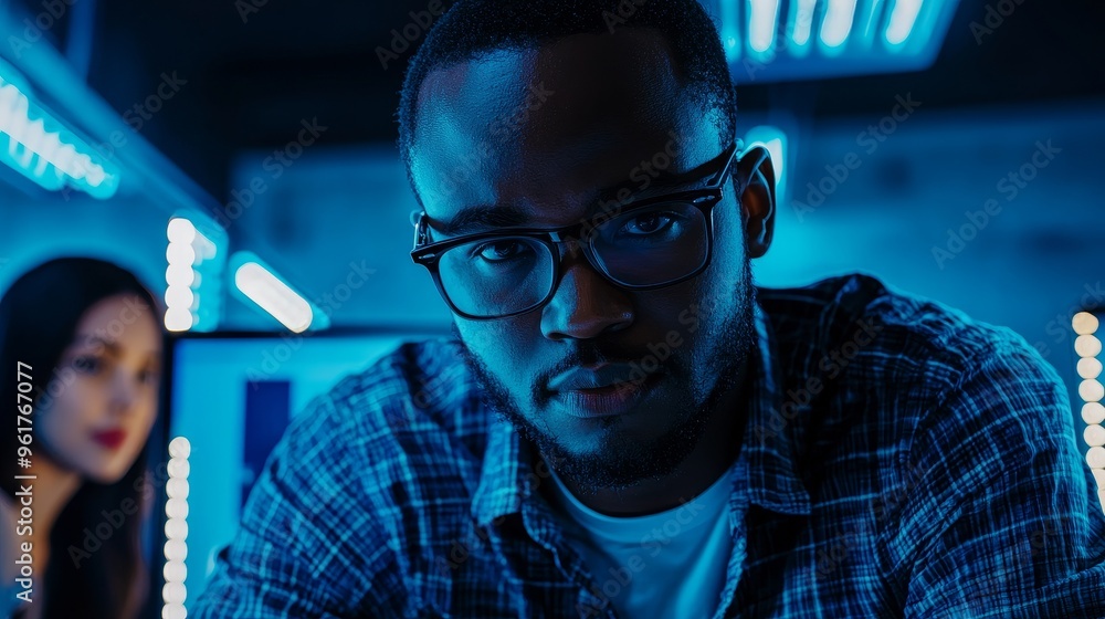 Poster Manager overseeing team and conducting a system analysis on server farm supercomputers using tablet. Manager overseeing employees in a data center housing critical IT infrastructure.