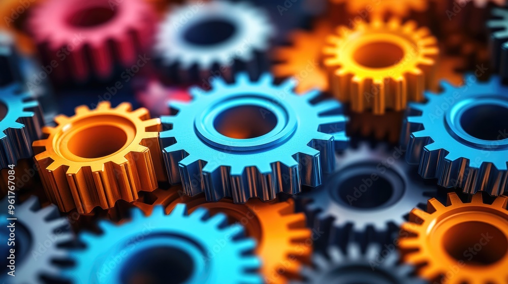 Poster colorful metallic gears interlocking representing teamwork and collaboration