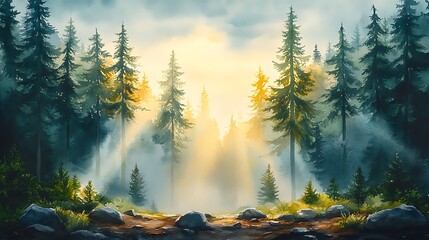 Sunbeams Through the Trees in a Foggy Forest.