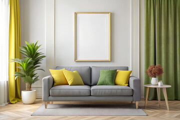 Mockup with empty frame to advertise your painting or poster in a modern minimalist apartment interior in yellow green pastel colors