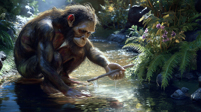 Australopithecus africanus using tool by water, realistic depiction of early hominid
