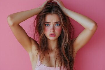 Fototapeta premium Young woman touching hair with worried expression on pink background