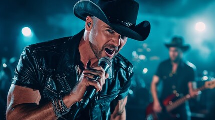An evening performance of a country musician wearing a leather jacket and cowboy hat captivates audiences.