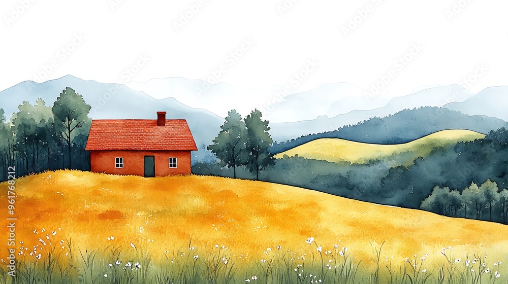 Poster Watercolor Painting of a Red Cottage in a Mountainous Landscape.