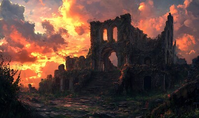 Fototapeta premium Ruins of a Stone Building at Sunset